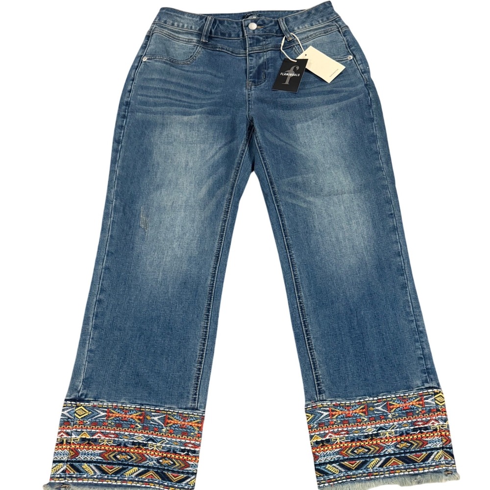 Flamingals Womens Boho Embroidered Cuff Cropped Leg Jeans Medium Wash Size L